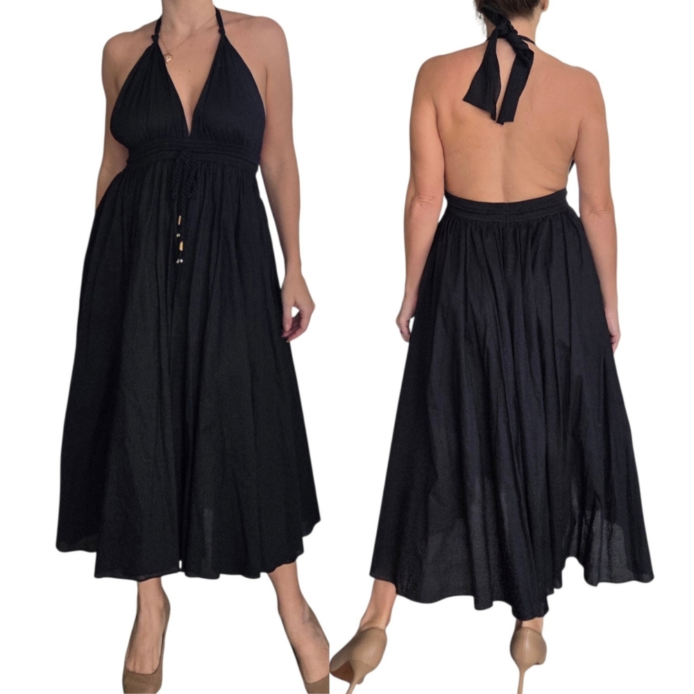 Lapis Black Plunge Halter Midi Dress Medium Flowy Empire Waist Boho‎ Beach Coast